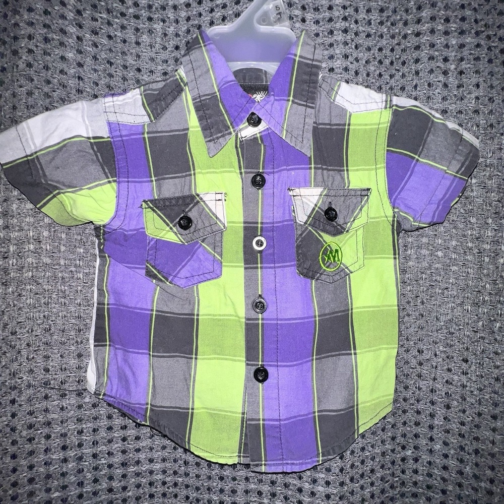 Mecca Button Up Shirt 6-9 Months Green White Purple Cotton Baby Boys Top Hip Hop